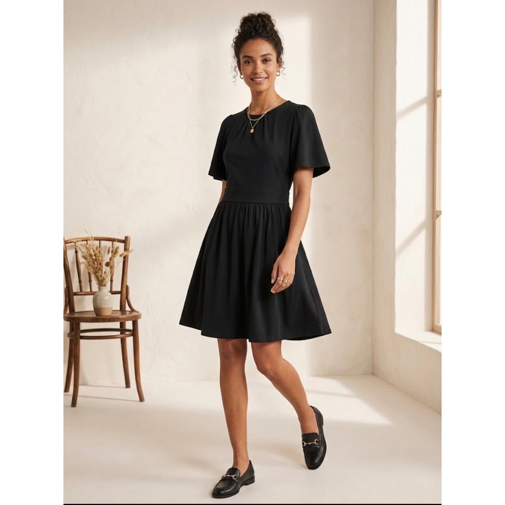 Boden Black Short Sleeve Fit and Flare Cotton Modal Dress 8P Petite UK 12P